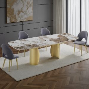 Table extensible Claw 1. métal champagne mat. plateau en céramique. marbre onyx. 75.5 x 83.5 x 180/260 cm
