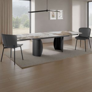Table extensible Claw 2 en céramique onyx brillante et métal gris mat. H. 75.5 P. 83.5 L. 180/220/260 cm