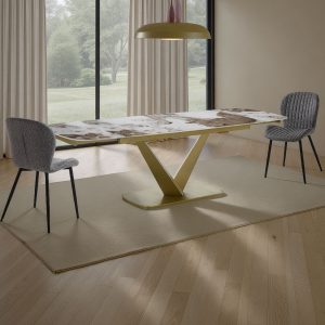 Table extensible Hands 1 avec piètement champagne or mat. plateau en céramique. finition marbre onyx brillant. H. 755 P. 89 L. 160/200/240