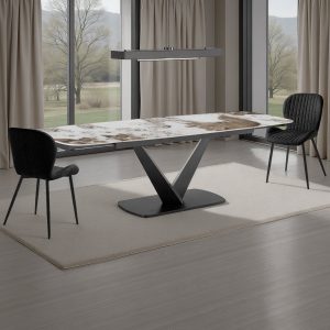 Table extensible Hands 2 avec piètement gris mat. plateau en céramique. finition marbre onyx brillant. H. 755 x P. 89 x L. 160/200/240