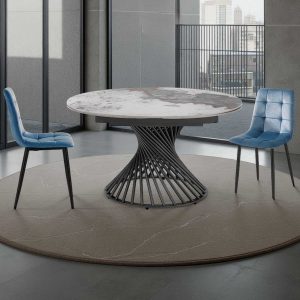 Table extensible Jorum 2 avec piètement gris mat. plateau en céramique. marbre onyx brillant. hauteur 75 cm fermée. profondeur 120 cm x largeur 180 cm ouverte