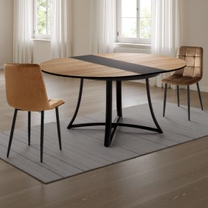 Table ronde extensible Dafne en bois avec pieds en métal noir mat. plateau finition chêne blond. H. 76 x P. 118 x L. 118/148