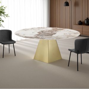 Table extensible rectangulaire/ronde BOLLARD ONICE GOLD. métal or mat. plateau en céramique. marbre onyx. H. 74.5 cm. P. 100/160 cm. L. 160 cm