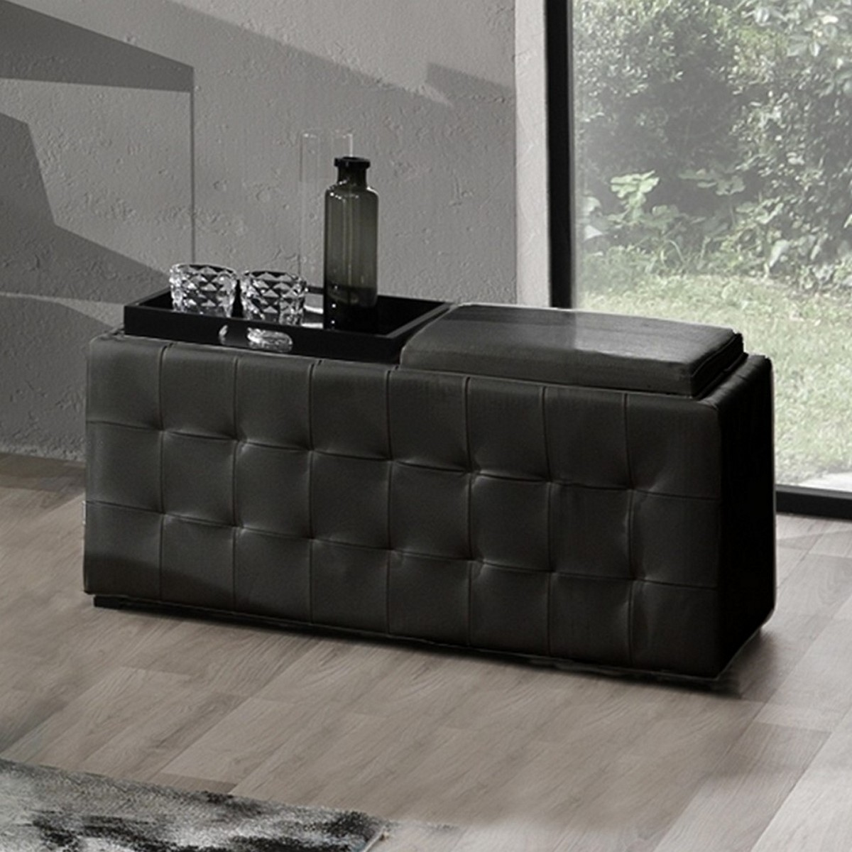 Pouf double Dizzy noir avec repose-pieds en similicuir noir et couvercle plateau en bois 90 x 46 x 45 cm