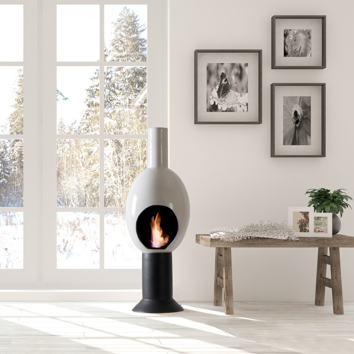 Cheminée bioéthanol en céramique blanche Uovo. fabriquée à la main. sans conduit de cheminée. 95 cm de haut. 3 cm de large. fabriquée en Italie