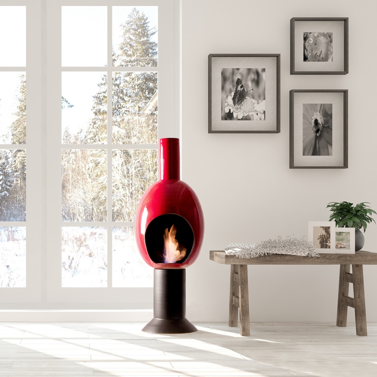 Cheminée bioéthanol en céramique rouge Uovo. fabriquée à la main. sans conduit de fumée. hauteur 95 cm. diamètre 30 cm. fabriquée en Italie