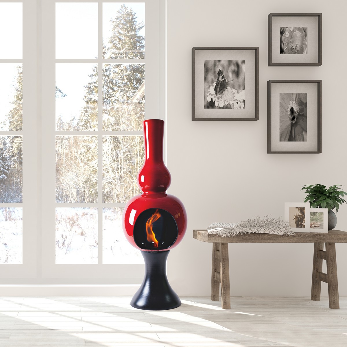 Onda Red. une cheminée artisanale en céramique fonctionnant au bioéthanol et ne nécessitant pas de conduit de cheminée. de 95 cm de haut et 30 cm de large. fabriquée en Italie.