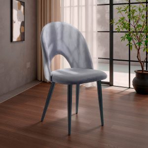Chaise rembourré gris clou. en tissu effet velours gris et métal noir mat. 48 x 54 x H. 87 cm