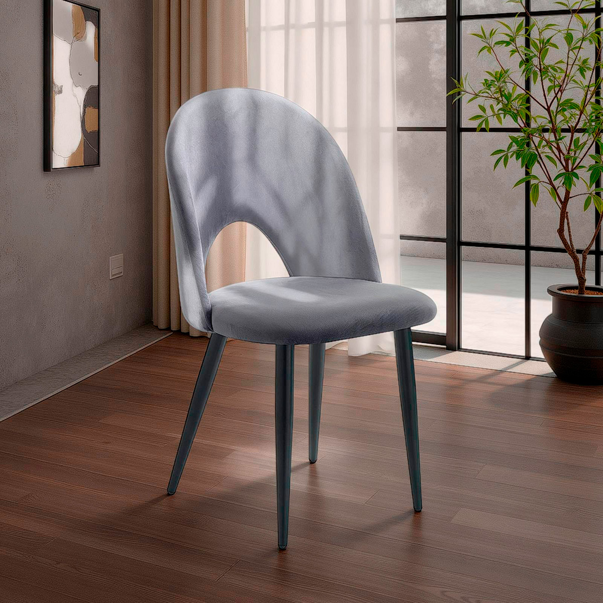 Chaise rembourré gris clou. en tissu effet velours gris et métal noir mat. 48 x 54 x H. 87 cm
