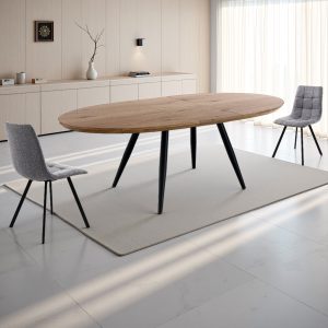 Table ovale extensible en bois avec plateau finition chêne et pieds en métal noir mat. 160-200 x 93 cm
