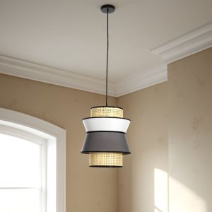 Lustre Wien B recouvert de tissu gris et blanc et de paille de Vienne. avec câble réglable. diamètre 39 cm. hauteur 46 cm.
