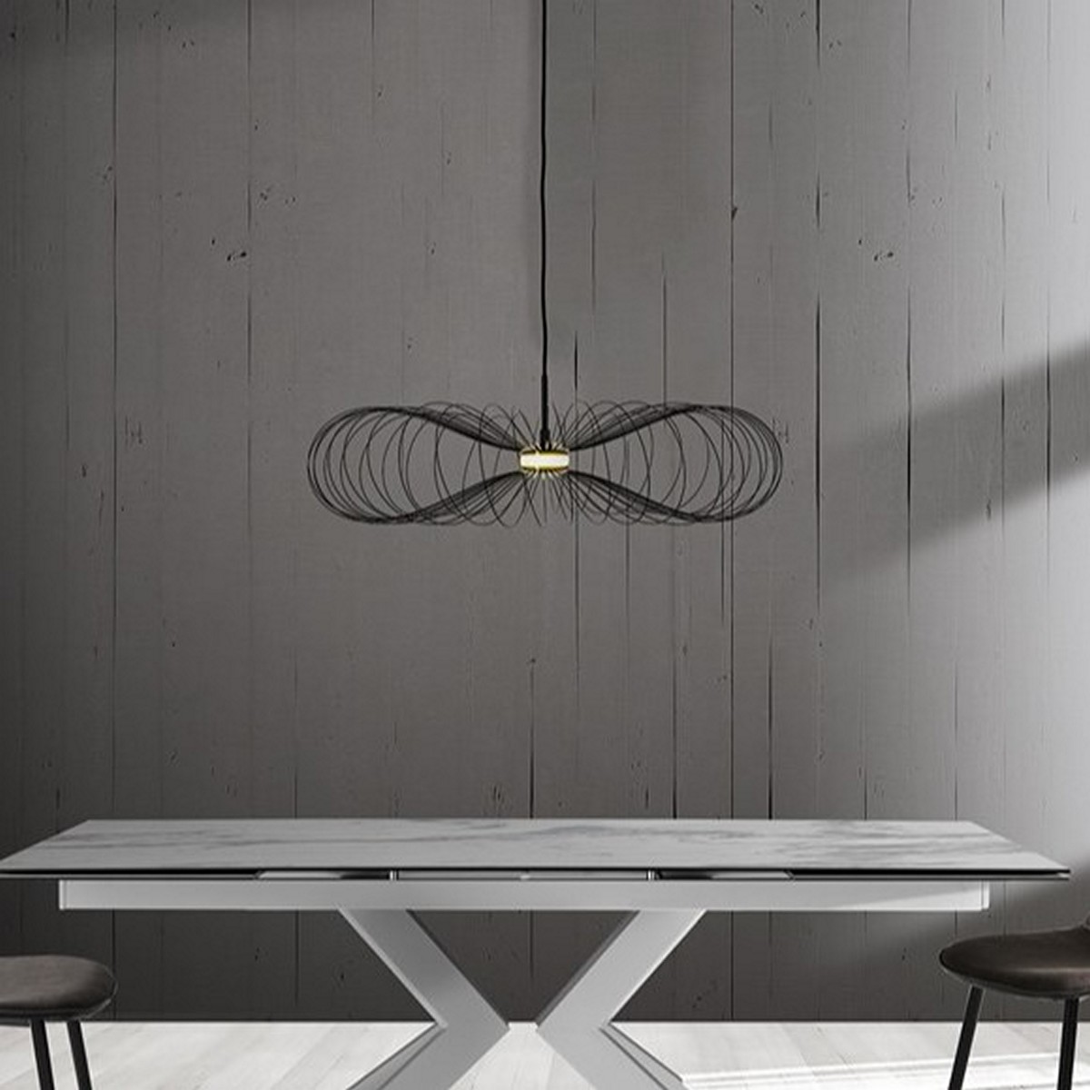 Lustre LED Infinity en fils métalliques peints en noir brillant. câble ajustable. diamètre 70 cm. hauteur 17 cm