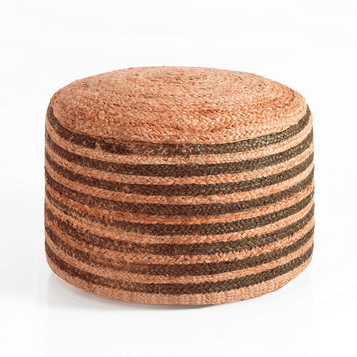Pouf Kuala en jute tissé marron naturel à rayures et détails dorés. diamètre 50 x hauteur 30 cm