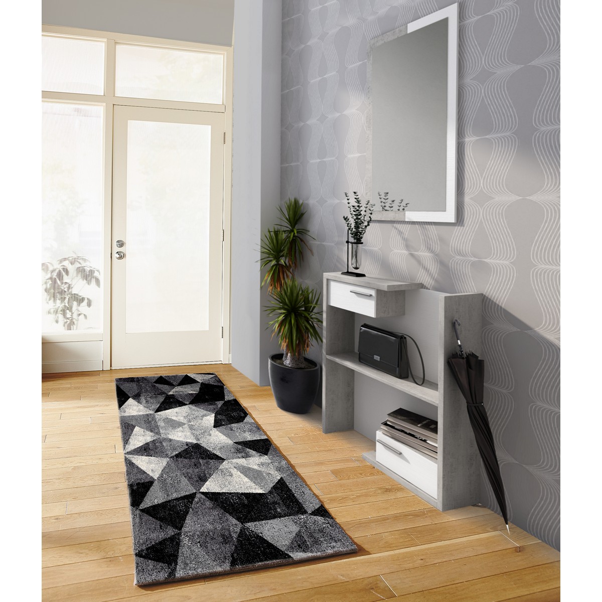 Tapis de couloir City gris noir 02. 100 % polypropylène. 80 x 150 cm