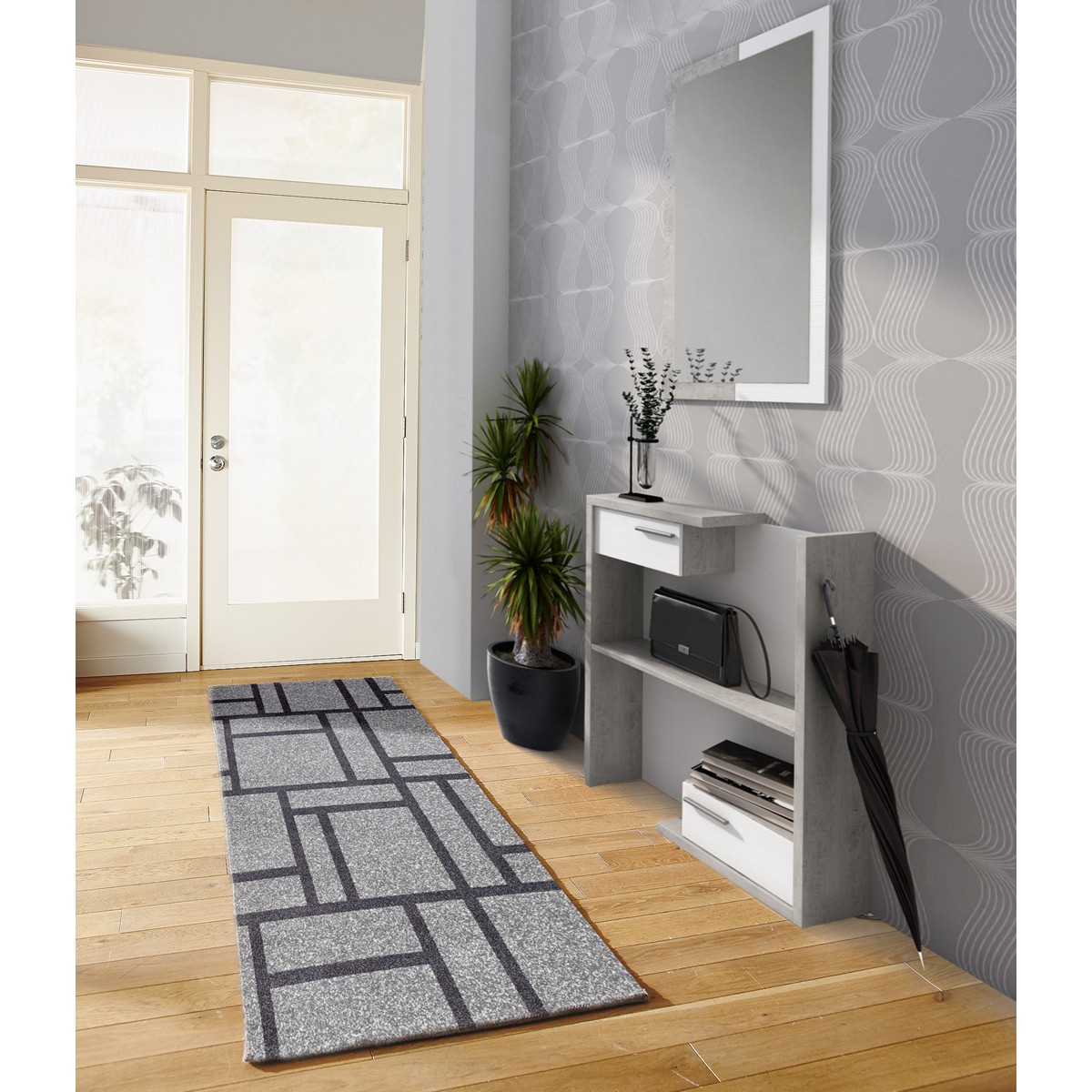 Tapis de couloir gris et noir City 10 cm. 100 % polypropylène. 80 x 150 cm