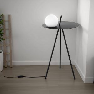 Lampe Polo / table basse / table de chevet en acier noir mat avec lampe en verre intégrée. diamètre 42 x hauteur 70 cm