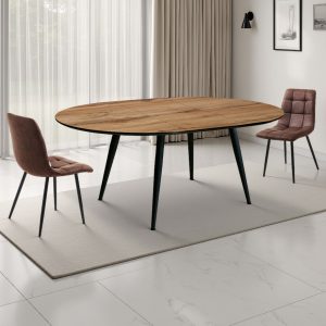 Table ronde extensible Valdi en bois avec plateau finition noyer clair et pieds en acier noir mat 110-150 x 110 cm