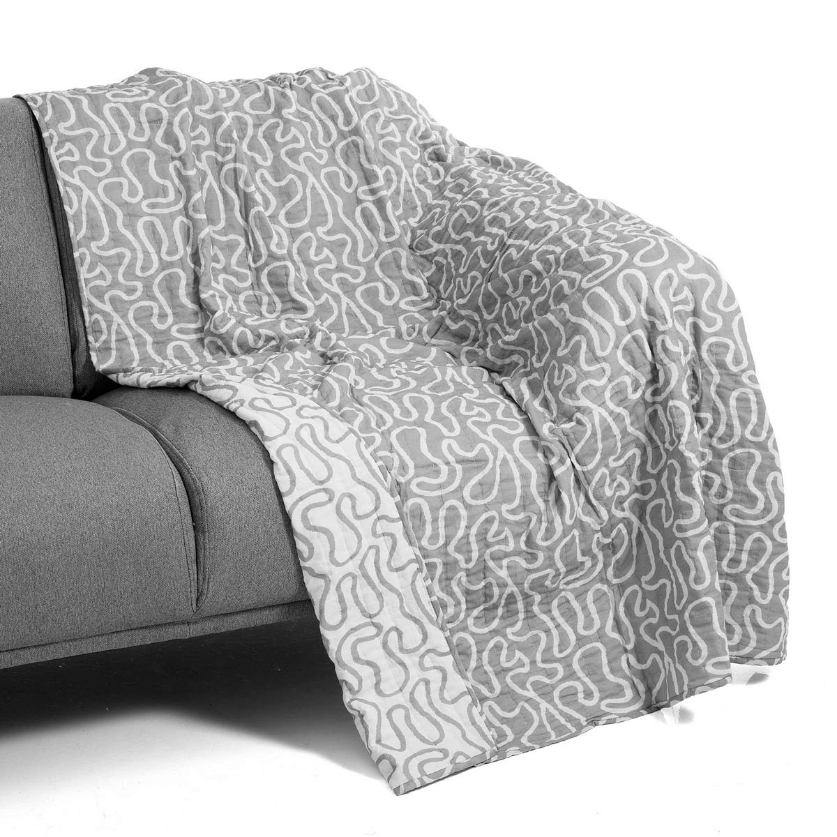 Tissu à carreaux enchevêtrés gris. 100 % coton. 135 x 190 cm