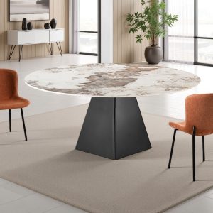 Table extensible rectangulaire/ronde BOLLARD ONICE GREY. métal gris mat. plateau en céramique effet marbre onyx. H. 74.5 cm. P. 100/160 cm. L. 160 cm