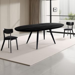 Table ovale extensible noire avec pieds en métal et plateau en MDF. finition bois noir. H. 75 P. 93 L. 160 L. 200