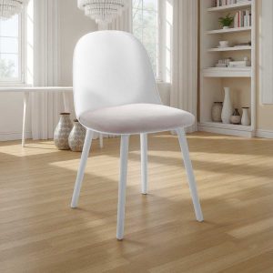 Chaise JADE WHITE. polypropylène blanc mat. assise en velours blanc écru. H.81 L.46 P.52