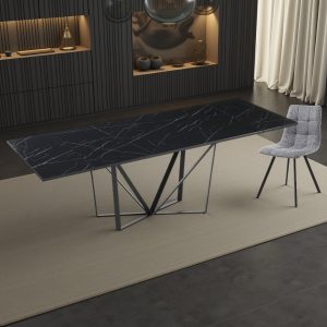 Table extensible SPINNE BLACK MARBLE avec piètement peint en gris mat et plateau en céramique finition marbre noir mat H.75 P.91 L.160 240