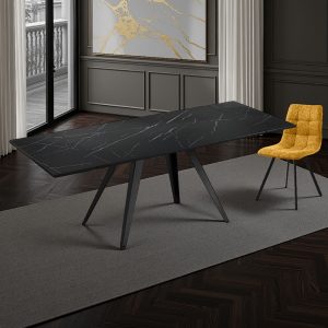 Table extensible EKA BLACK MARBLE. piètement gris mat. plateau en céramique. finition marbre noir mat. H. 75 P. 81 L. 140 x 200 cm