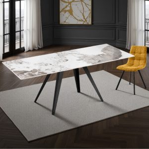 Table extensible EKA ONICE MARBLE. piètement gris mat. plateau en céramique. finition marbre Onyx brillant. H. 75 x P. 81 x L. 140 x 200 cm