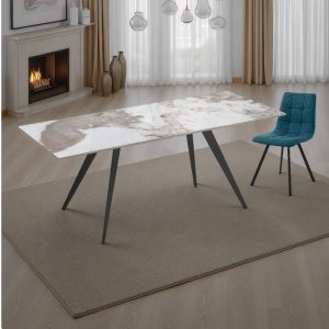 Table extensible MICCIU ONICE MARBLE. piètement gris mat. plateau en céramique. finition marbre Onyx brillant. H. 75 cm. P. 81 cm. L. 140 cm. 170 cm. 200 cm