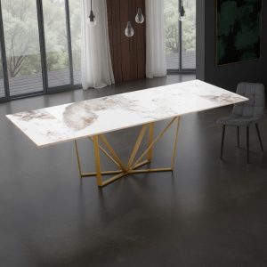 Table extensible SPINNE GOLD ONICE MARBLE - Pied en céramique or mat. finition marbre onyx brillant. H. 75 x P. 91 x L. 160 x 240 cm