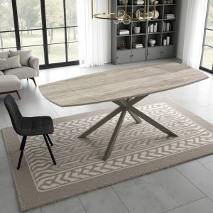 Table extensible Greta. céramique effet marbre travertin. piètement en acier platine. H. 75 P. 90 L. 140/200. 6-8 couverts