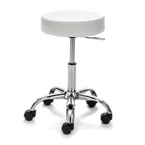Tabouret de bureau réglable Tizio blanc. similicuir blanc et métal chromé. 50 x 50 x H. 46-60 cm