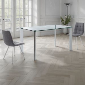 Table/bureau Janet en verre trempé transparent avec pieds en métal blanc brillant 140x80 cm