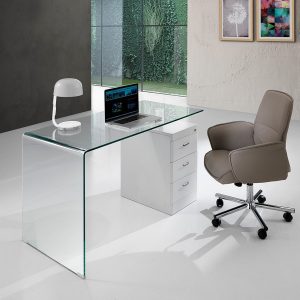 Bureau Bow en verre courbé avec commode verrouillable. laqué blanc mat. 125 x 65 x H. 75 cm