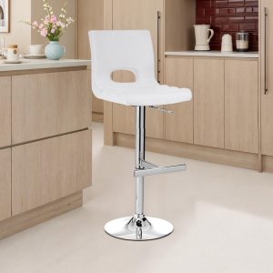 Tabouret réglable en similicuir blanc et métal chromé 40 x 53 x H. 95-115 cm