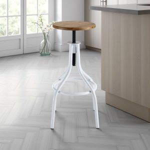 Tabouret réglable Pojo avec vis. bois finition chêne et métal blanc brillant. 45 x 45 x H. 63-83 cm
