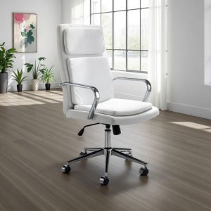 Fauteuil de bureau Prestiger blanc. réglable et pivotant. en similicuir blanc avec roulettes. 59 x 70 cm. hauteur 110/120 cm