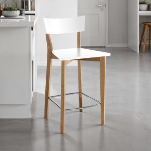 Tabouret Kyra en bois massif laqué blanc mat et chêne teinté 47 x 50 x H. 94 cm