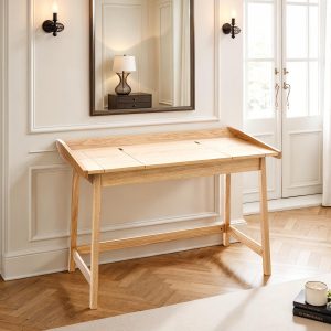 Bureau Henny avec support pour ordinateur. console. plateau en placage chêne. bois massif teinté chêne. 113 x 60 x 80 cm