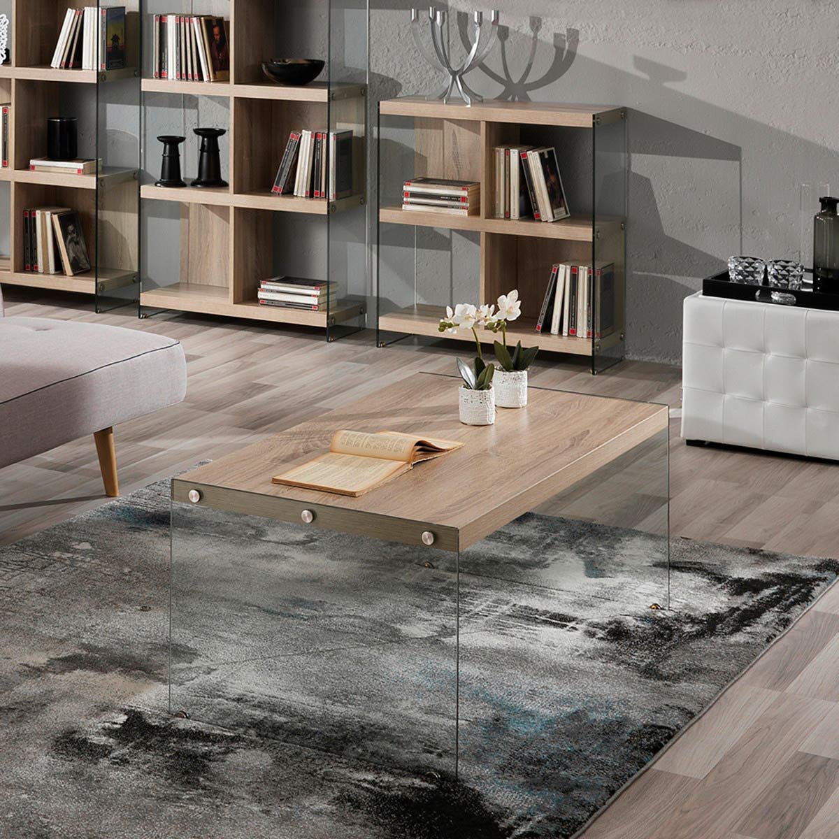 Table basse Nancy avec plateau en verre transparent et finition chêne. 110 x 55 x 43 cm