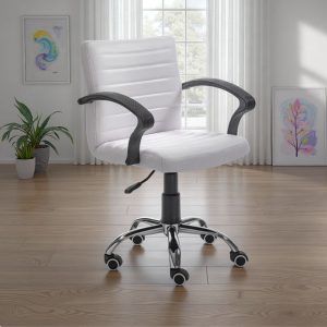 Chaise de bureau blanche réglable et pivotante Pany en similicuir blanc avec roulettes 57x56 H.82/92 cm