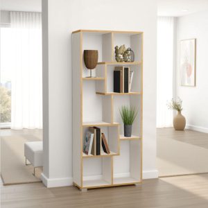 Bibliothèque Random. blanc mat. avec bordure réversible en chêne. 69 x 27.5 x 162 cm (hauteur)