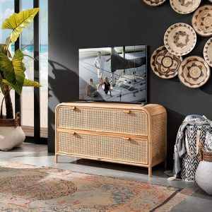 Buffet Hamsa en rotin teck et cuir naturel. 2 portes. 120 x 45 x H. 70 cm