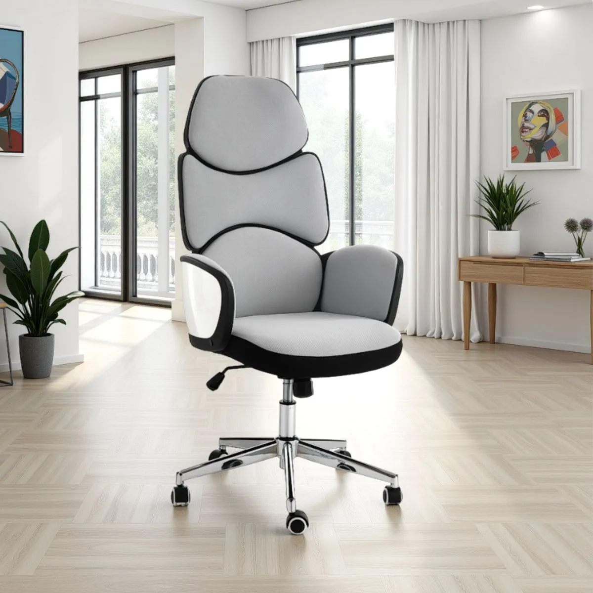 Fauteuil de bureau œuf réglable et pivotant Toledo. en tissu gris glacé et plastique blanc brillant. 64 x 69 cm. hauteur 119/129 cm