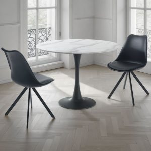 Table ronde Tokyo en verre trempé avec finition sérigraphiée. finition marbre Calacatta brillant et acier gris anthracite mat. diamètre 90 cm