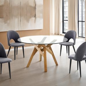 Table ronde en liège avec plateau en verre trempé transparent et piètement en bois massif finition chêne. diamètre 137 cm