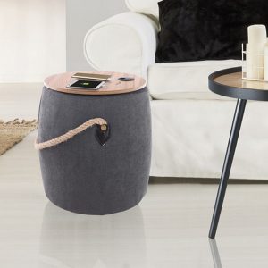 Pouf Barril gris foncé rembourré en tissu gris foncé et bois finition chêne D.40 x H.45 cm