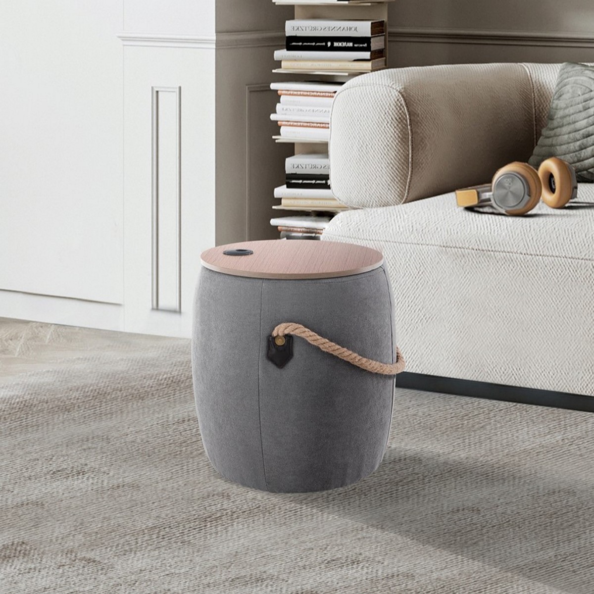 Pouf Barril gris en tissu gris et bois finition chêne D.40 x H.45 cm