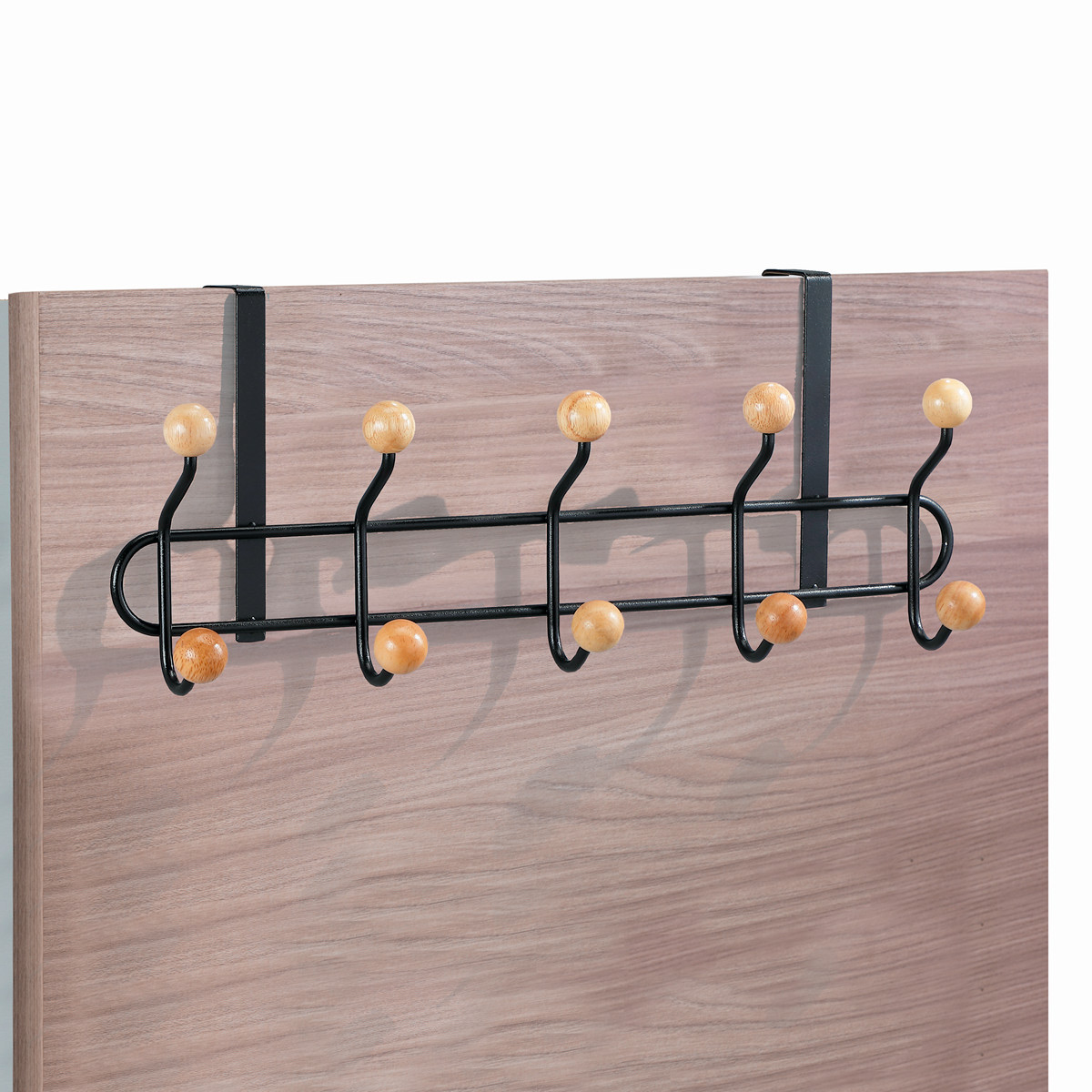 Patère de porte Macallan en acier noir mat et 10 boutons en bois finition chêne 45 x 9.5 x H. 18.5 cm