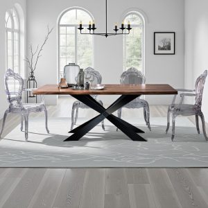 Table Amon en bois d'acacia massif avec piètement en acier peint en noir mat 195 x 100 cm